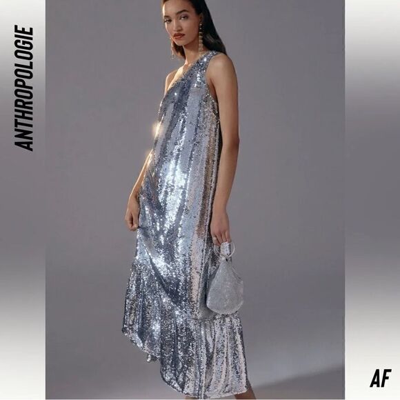 ANTHROPOLOGIE MAEVE ONE SHOULDER SEQUINED MIDI DRESS IN SILVER - Picture 3 of 11